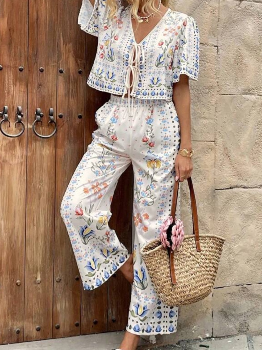Women’s Apricot Floral Two-Piece Jumpsuit Set
